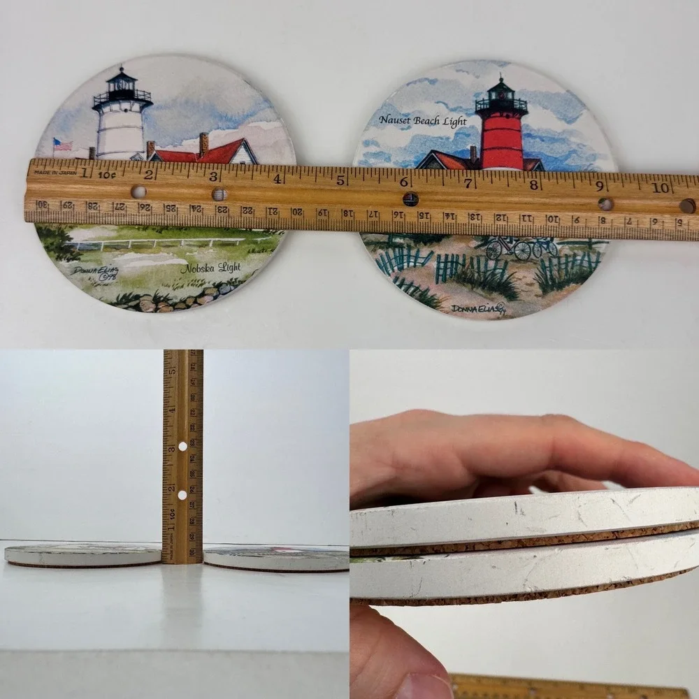 Donna Elias Art Nauset Beach Nobska Light House Round Coaster Stone Beach Theme